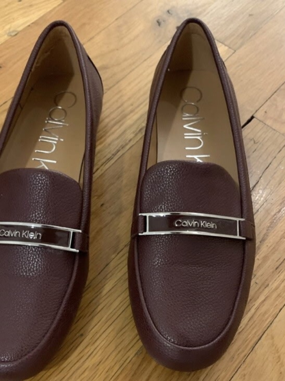 Calvin Klein Women's Deep Burgundy Pebbled Leather Loafers with Logo Bar